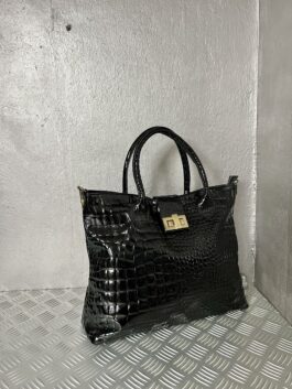 Vintage real leather handbag with crocodile skin black