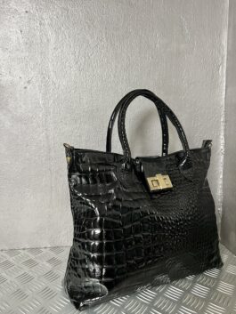 Vintage real leather handbag with crocodile skin black