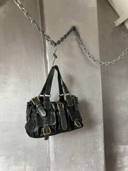 Vintage real leather shoulderbag with buckle straps black
