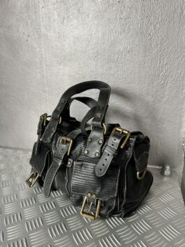 Vintage real leather shoulderbag with buckle straps black