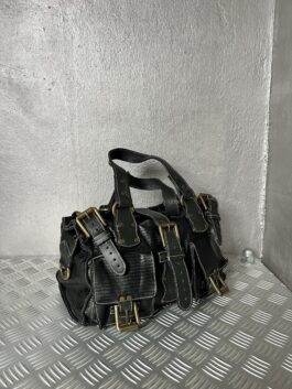 Vintage real leather shoulderbag with buckle straps black