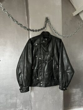 Vintage oversized real leather funnel neck bomber jacket black