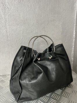 Vintage real leather handbag with silver hardware black
