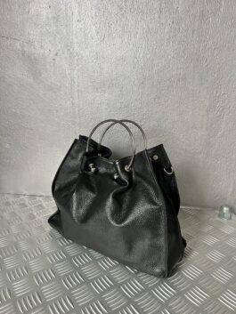 Vintage real leather handbag with silver hardware black