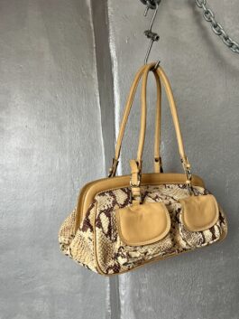Vintage real leather shoulderbag with python skin beige brown