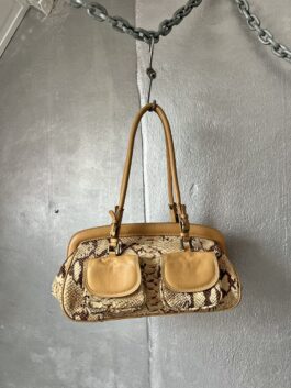Vintage real leather shoulderbag with python skin beige brown