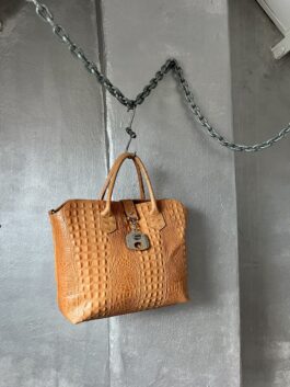 Vintage real leather large handbag with crocodile skin cognac orange