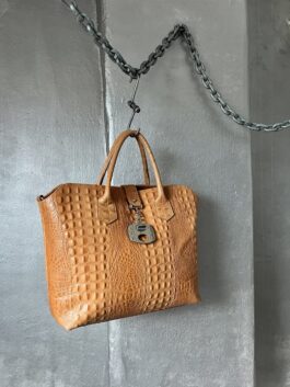 Vintage real leather large handbag with crocodile skin cognac orange