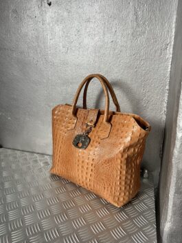 Vintage real leather large handbag with crocodile skin cognac orange