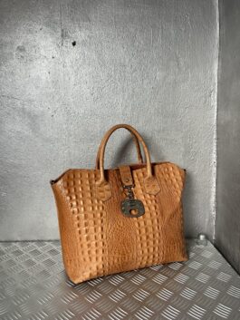 Vintage real leather large handbag with crocodile skin cognac orange