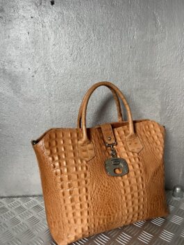 Vintage real leather large handbag with crocodile skin cognac orange