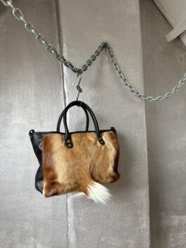 Vintage real leather handbag with goat hair brown creme