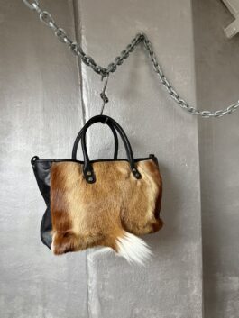 Vintage real leather handbag with goat hair brown creme