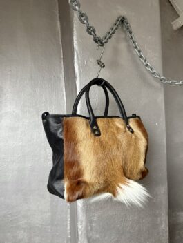 Vintage real leather handbag with goat hair brown creme