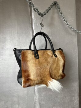 Vintage real leather handbag with goat hair brown creme