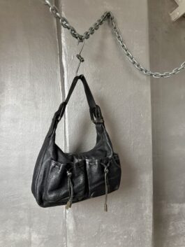 Vintage real leather shoulderbag with buckle straps black