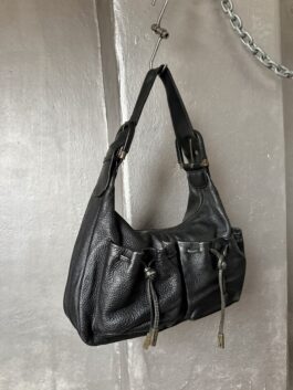 Vintage real leather shoulderbag with buckle straps black