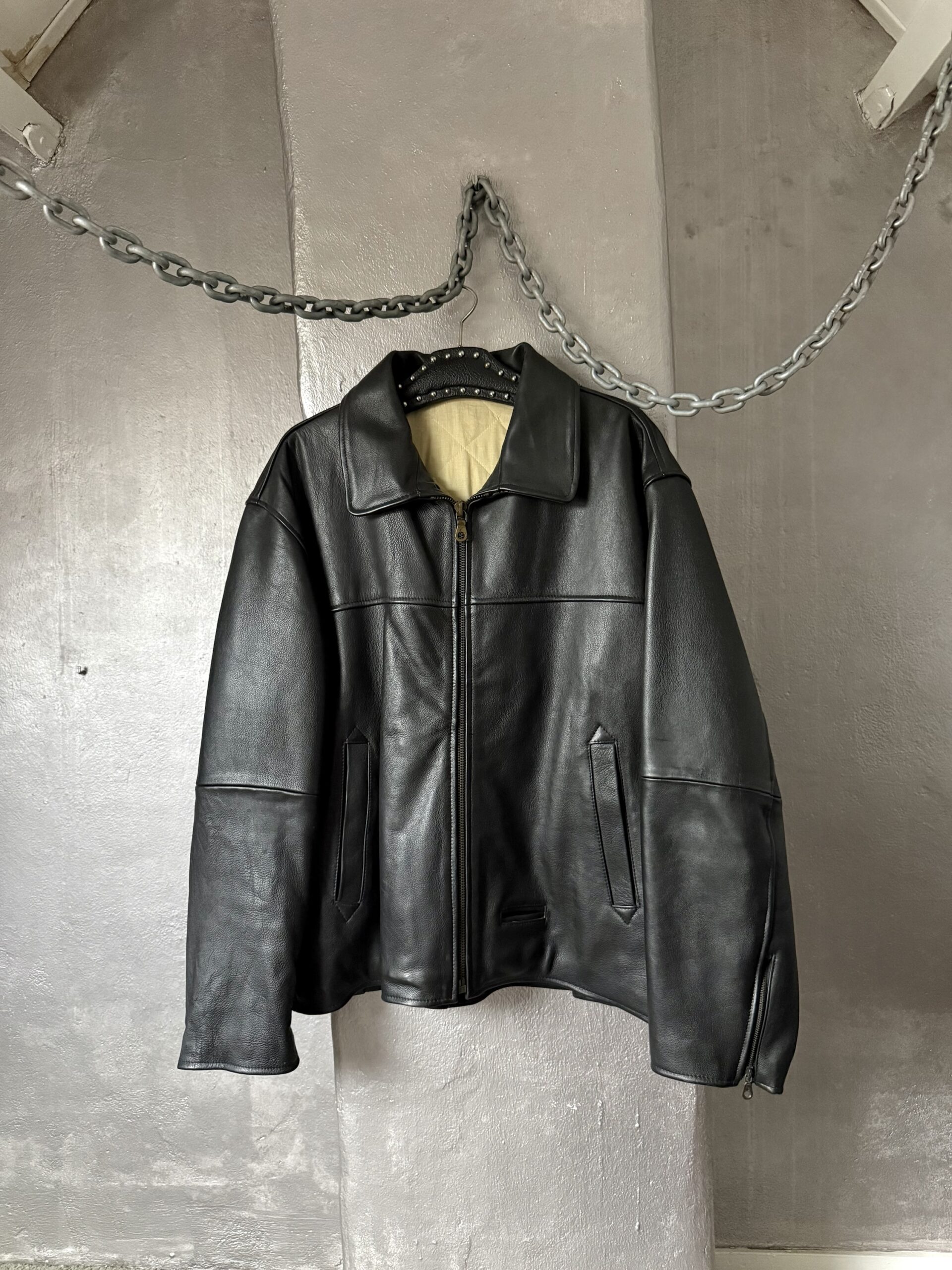 Vintage oversized real leather racing jacket black - Image 3