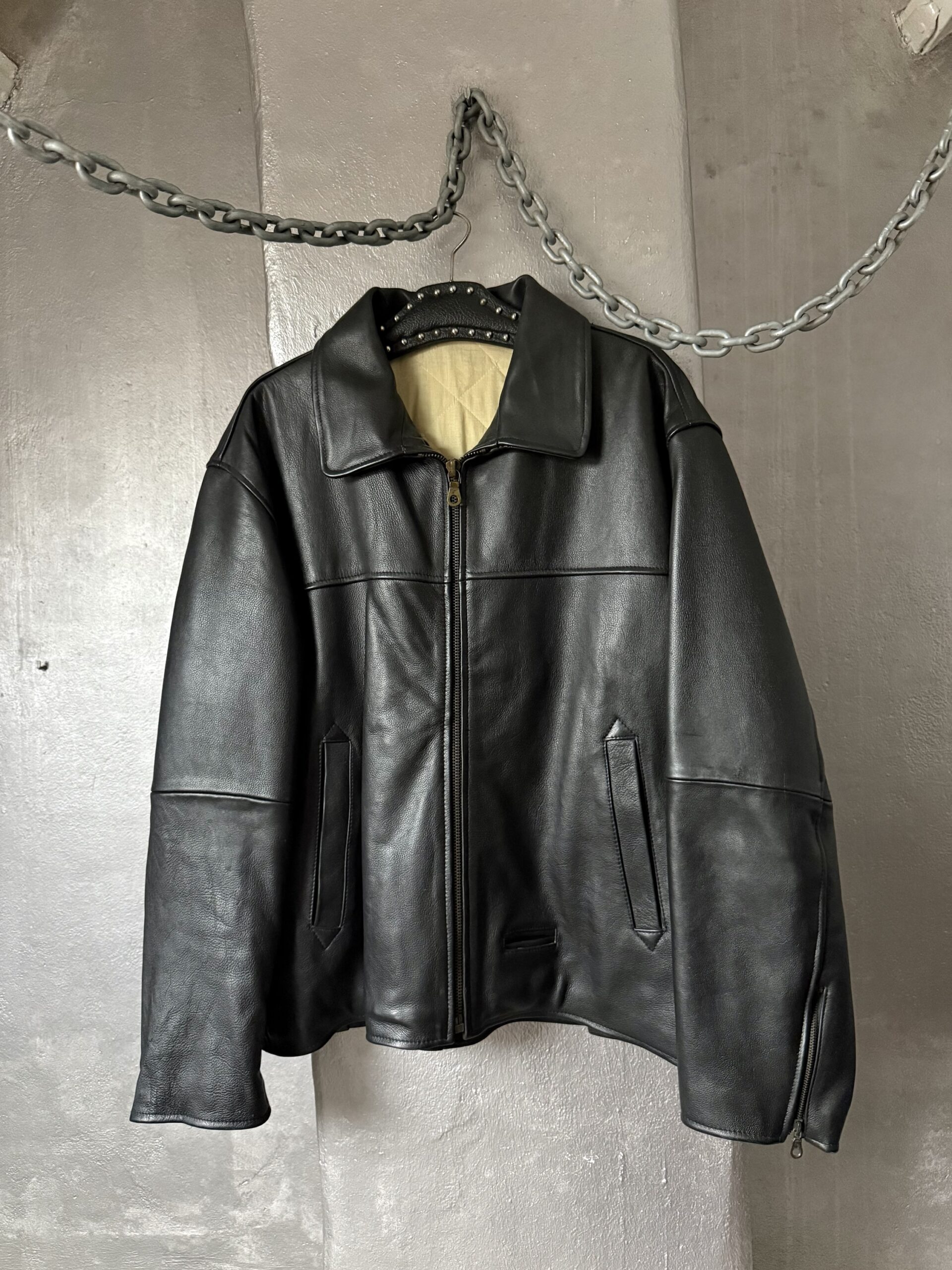 Vintage oversized real leather racing jacket black - Image 4