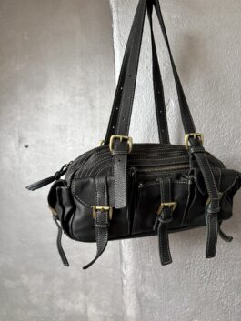Vintage real leather shoulderbag with bronze hardware black