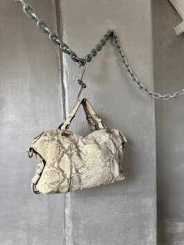 Vintage real leather handbag with python skin beige