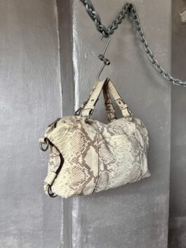 Vintage real leather handbag with python skin beige