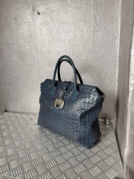 Vintage real leather large handbag with crocodile skin blue