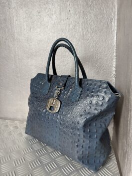 Vintage real leather large handbag with crocodile skin blue