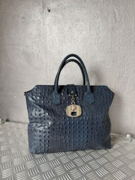Vintage real leather large handbag with crocodile skin blue