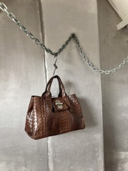 Vintage real leather handbag with crocodile skin brown
