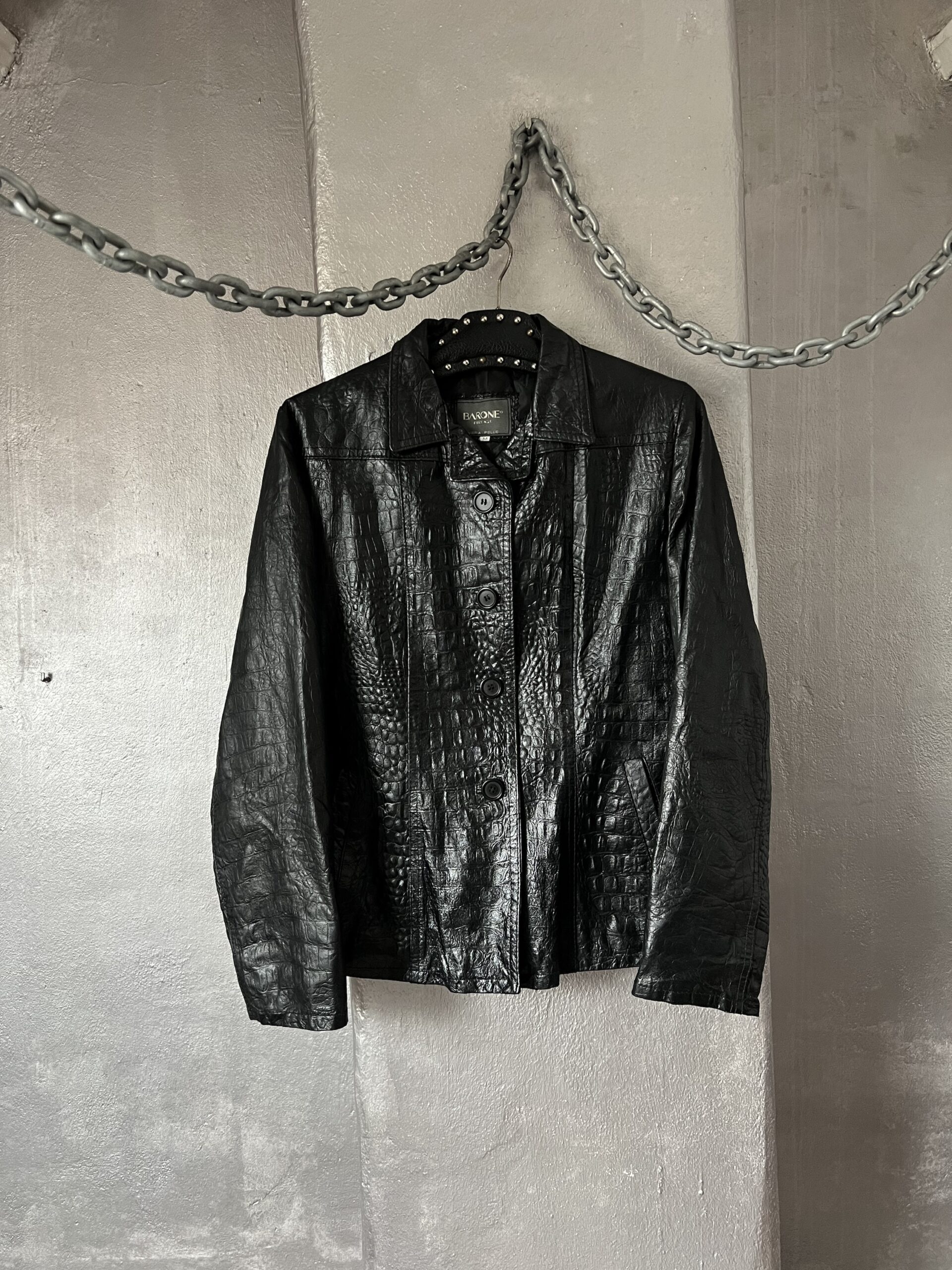 Vintage real leather racing jacket with crocodile skin black - Image 16