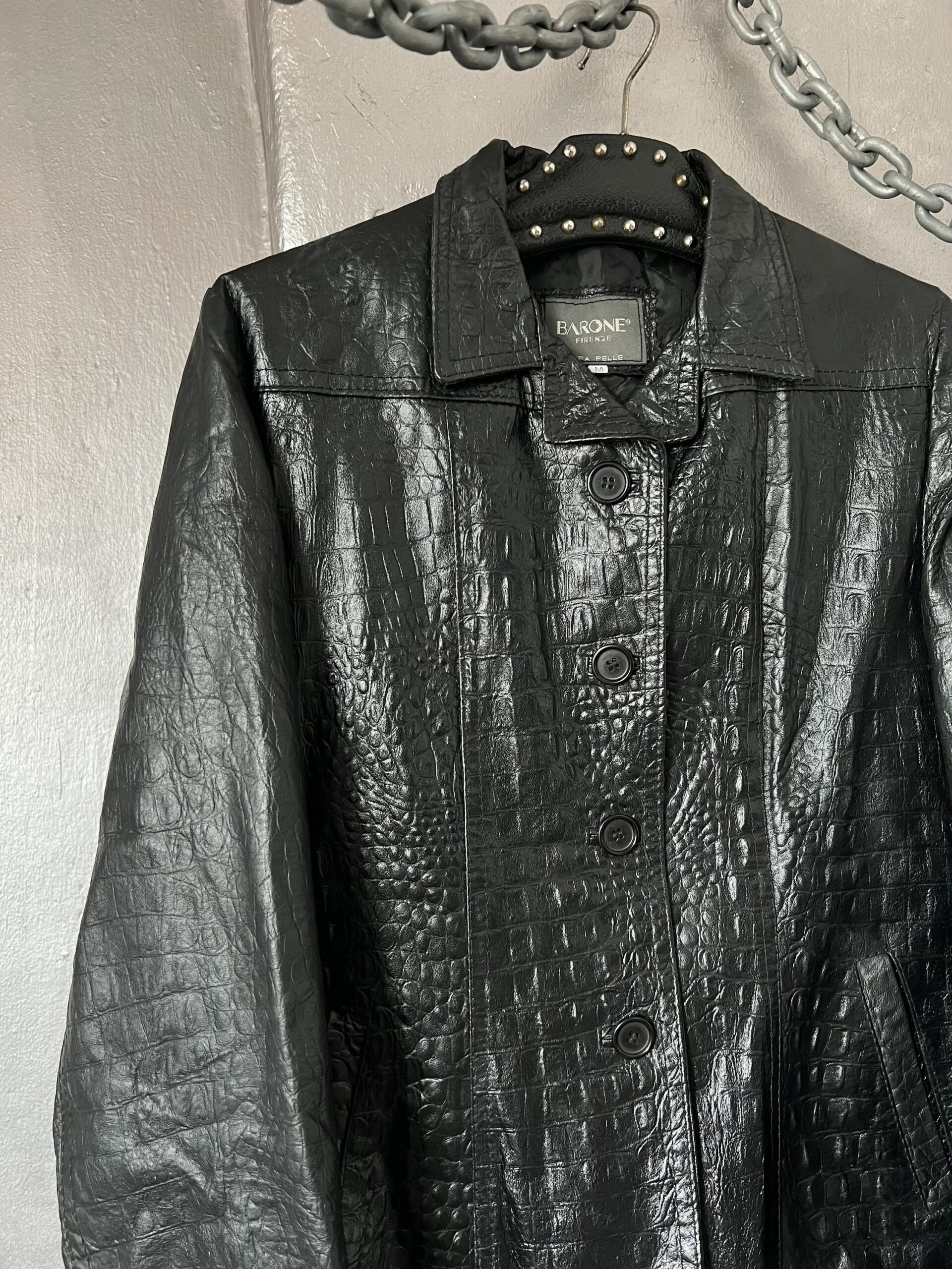 Vintage real leather racing jacket with crocodile skin black - Image 8