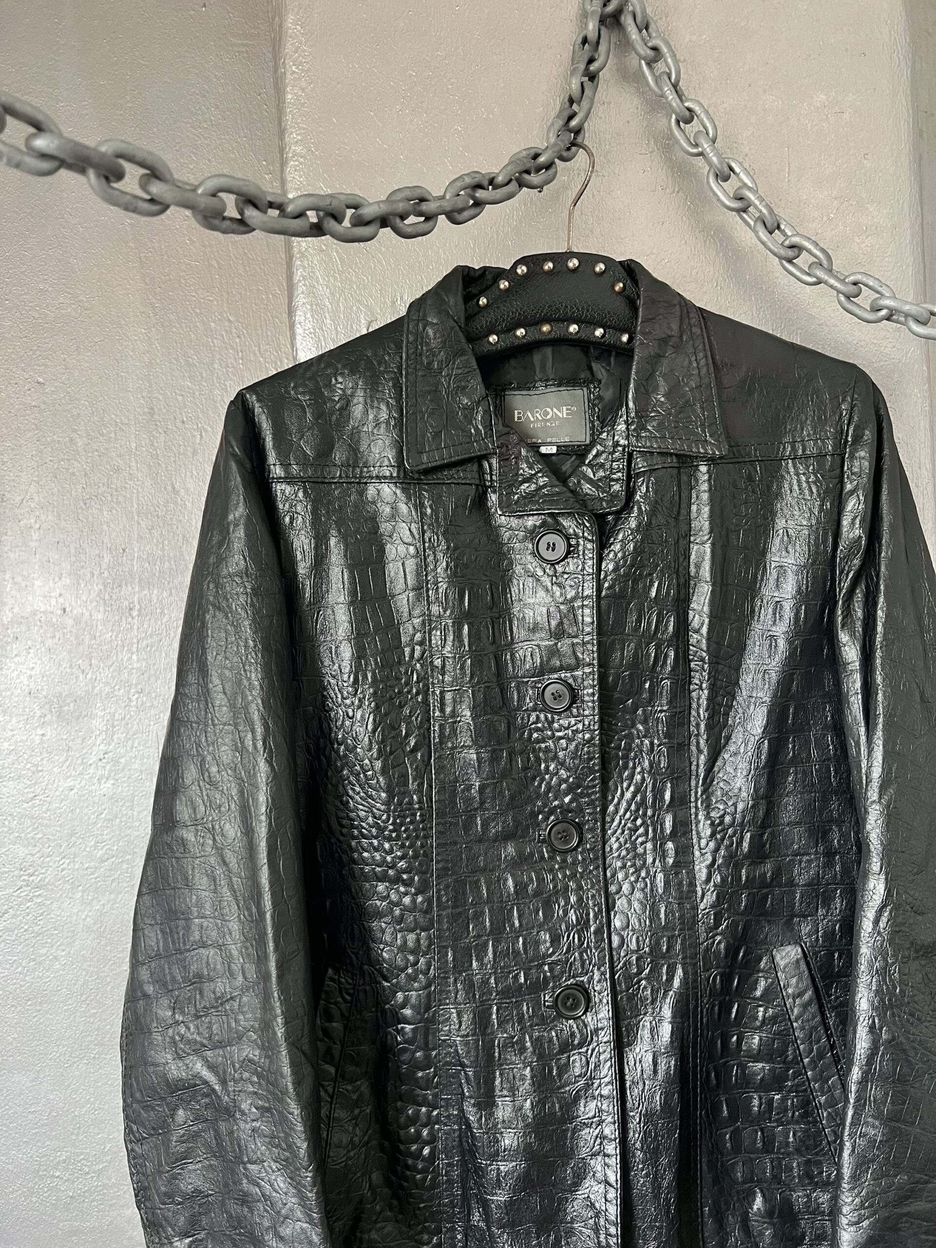Vintage real leather racing jacket with crocodile skin black - Image 12