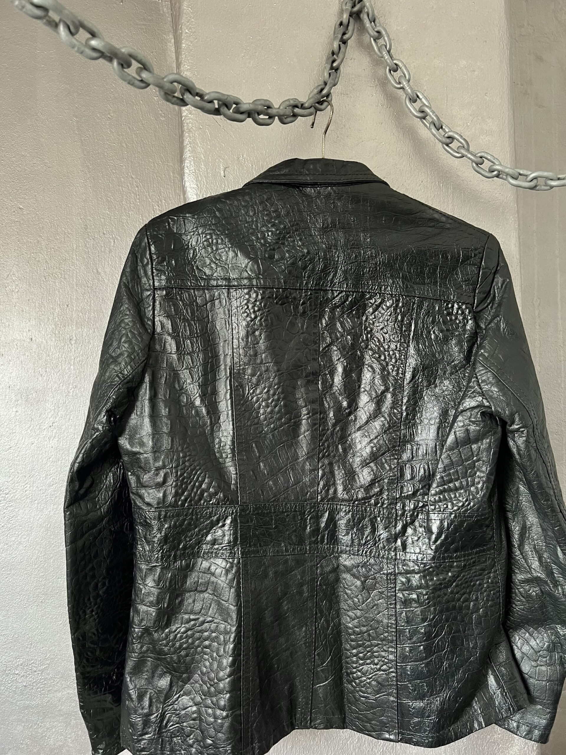 Vintage real leather racing jacket with crocodile skin black - Image 14