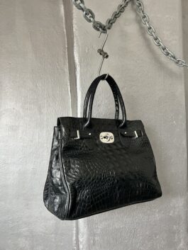 Vintage real leather handbag with crocodile skin black