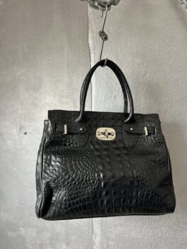 Vintage real leather handbag with crocodile skin black