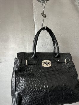 Vintage real leather handbag with crocodile skin black