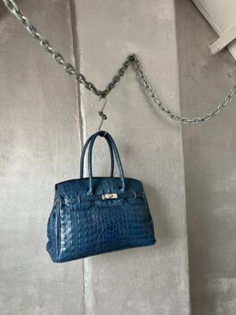 Vintage real leather handbag with crocodile skin blue