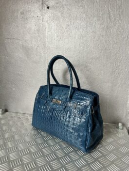 Vintage real leather handbag with crocodile skin blue