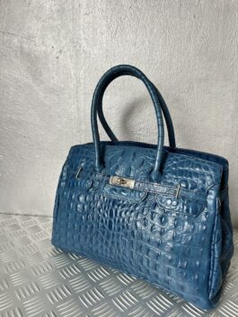 Vintage real leather handbag with crocodile skin blue
