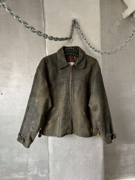 Vintage oversized rough real leather racing jacket washed brown