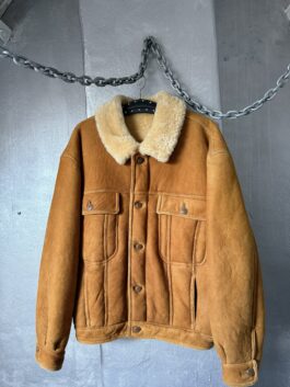 Vintage oversized real leather suede lammy shearling coat cognac brown