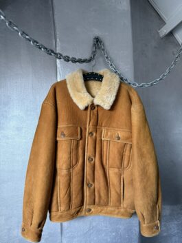 Vintage oversized real leather suede lammy shearling coat cognac brown