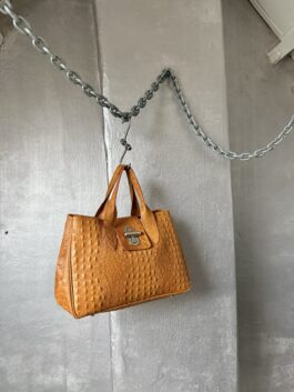 Vintage real leather handbag with crocodile skin cognac