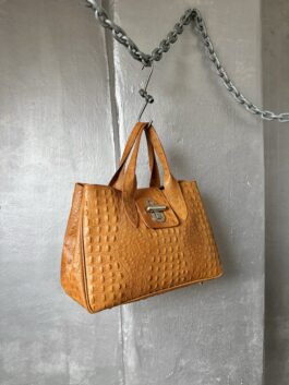 Vintage real leather handbag with crocodile skin cognac