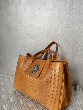 Vintage real leather handbag with crocodile skin cognac