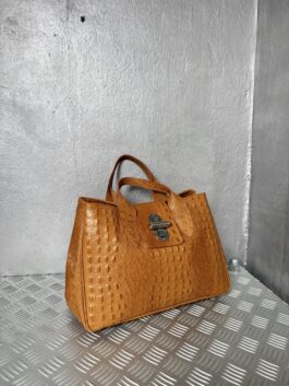 Vintage real leather handbag with crocodile skin cognac