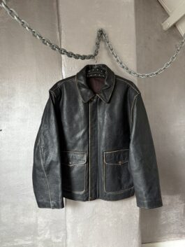 Vintage oversized real leather flying jacket washed dark brown