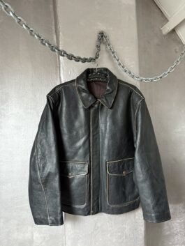 Vintage oversized real leather flying jacket washed dark brown