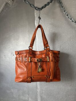 Vintage real leather shoulderbag with bronze hardware orange